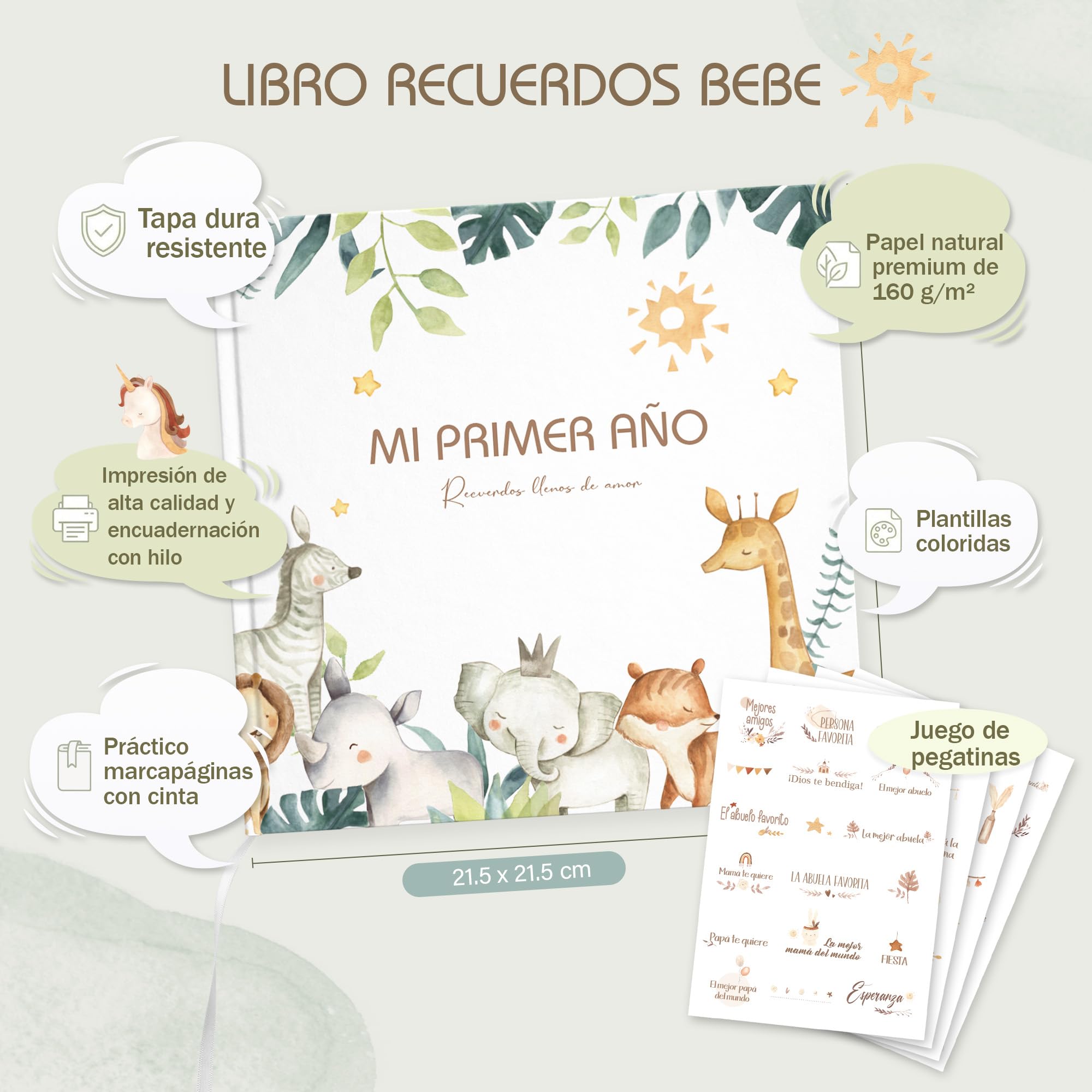 Libro Recuerdos bebe y Album Fotos bebe, 86 Páginas con Pegatinas - Desde el Nacimiento hasta los 1 Años - Baby Shower Regalo bebe Recien Nacido Niño y Niña