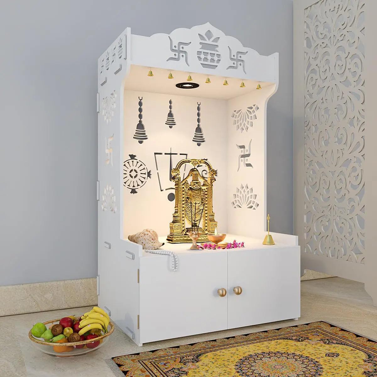 Intricate White Floor Temple for Home with Spacious Shelf & Inbuilt Focus Light Wooden | Home Temple with Focus Light and Shelf with Door | Pooja Mandir I Height 109 cm