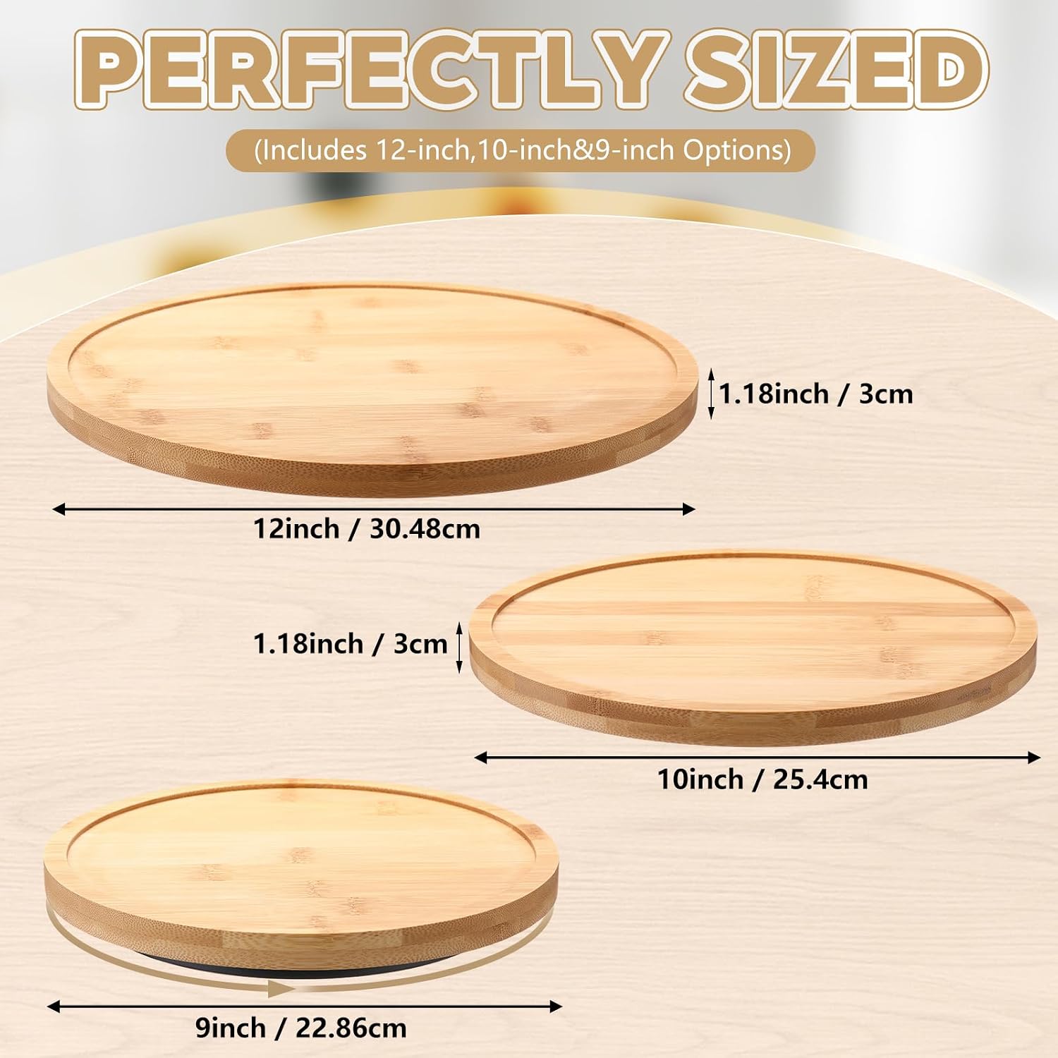 Novabright 3 Set 12'' 10'' 9'' Bamboo Lazy Susan Rotating Turntable Organizer Wooden 360 Degree Large Kitchen Tray for Counter Pantry Spice Pepper Olive Oil Table Organization and Storage