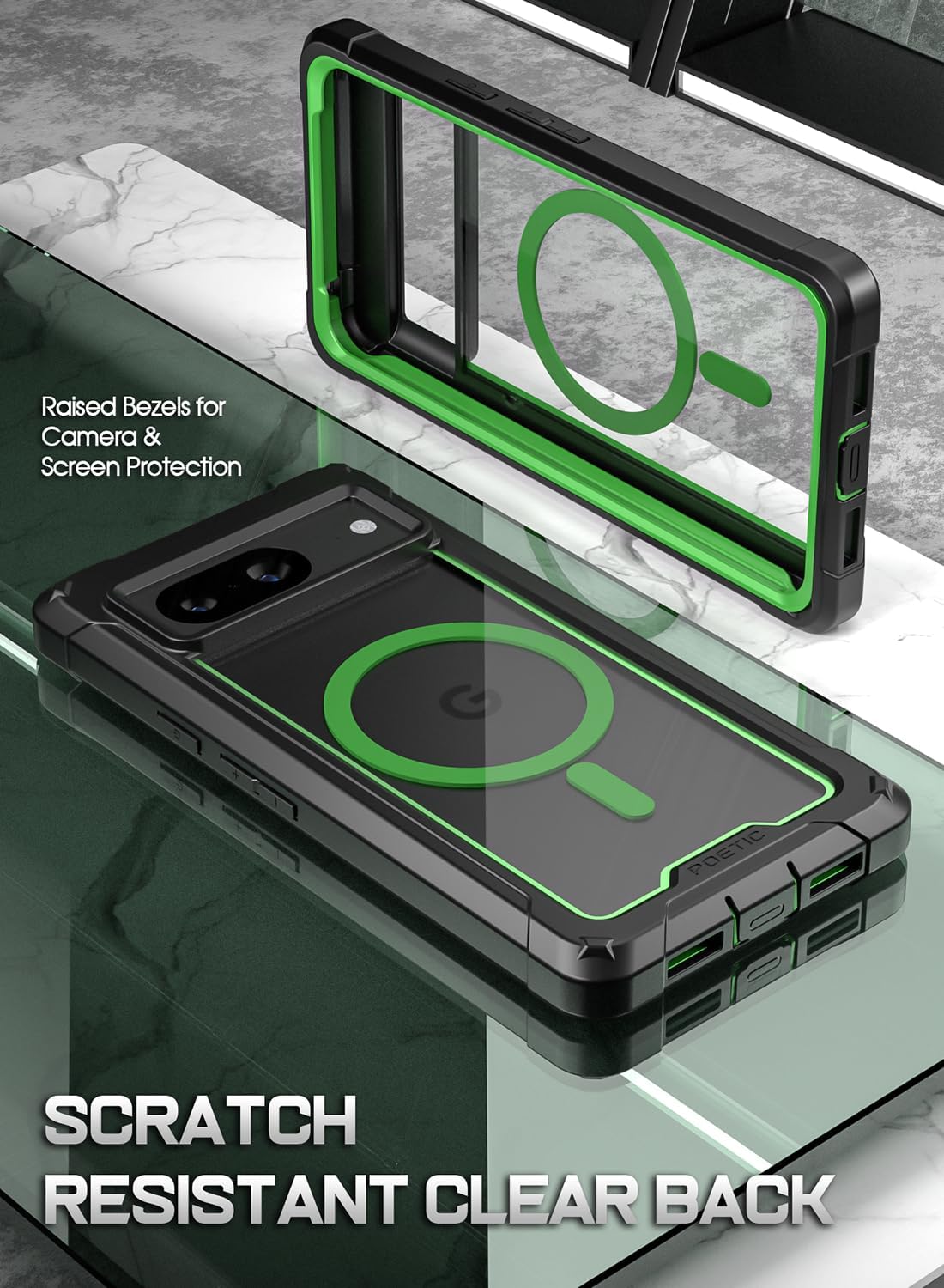 Poetic Guardian MagPro Case for Google Pixel 8 6.2 inch, [Compatible with MagSafe] [20FT Mil-Grade Drop Tested], Full Body Hybrid Shockproof Bumper Cover with Built-in Screen Protector, Green/Clear