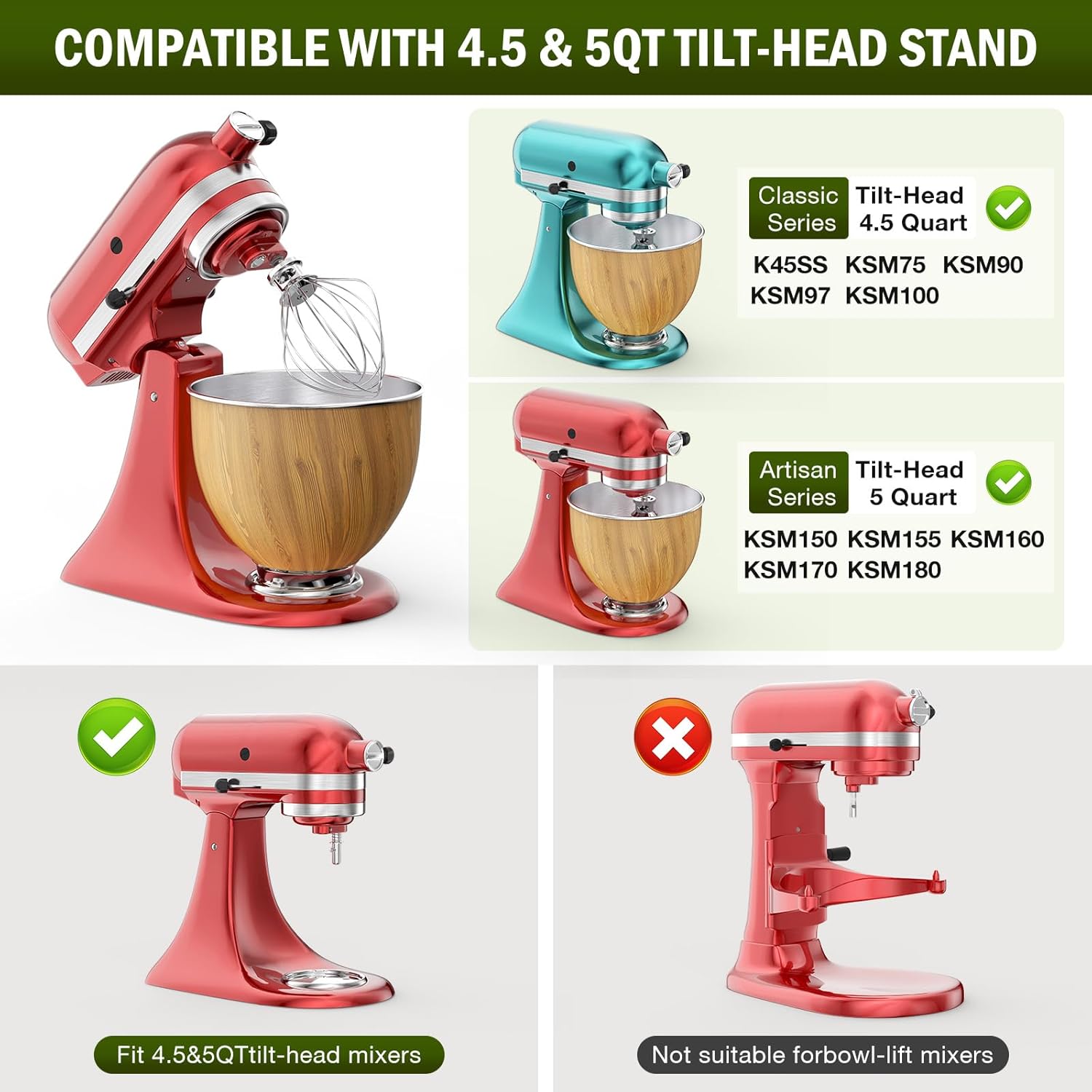 5QT Stainless Steel Mixer Bowl Compatible with Kitchen aid Stand Mixers Kitchenaid Replacement Bowl for 4.5-5 QT Tilt-Head Mixer with Handle, Wood Grain
