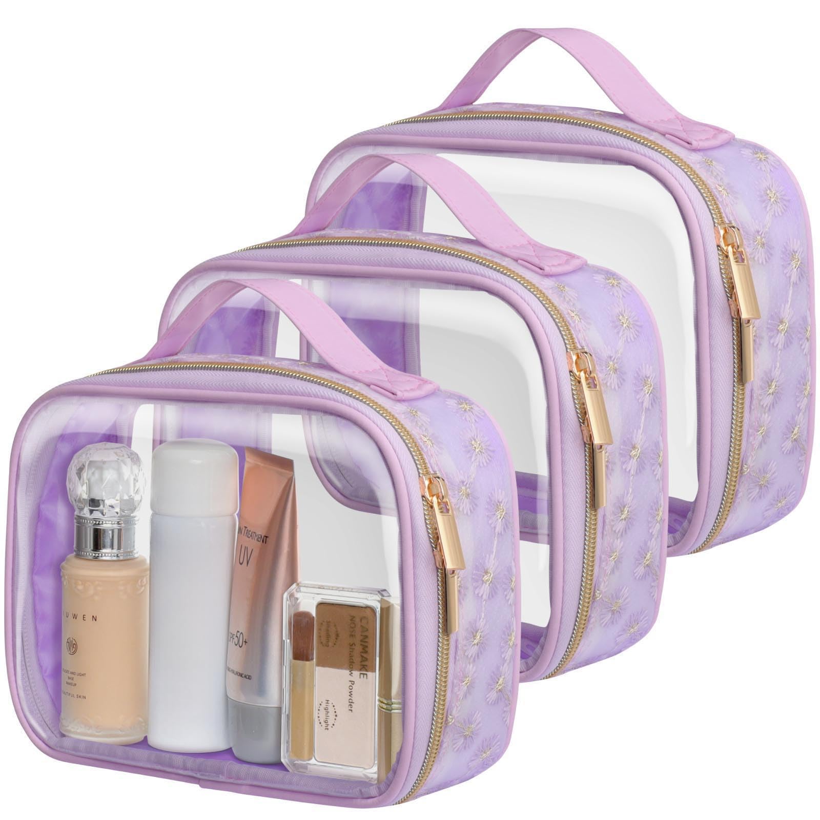 PACKISM Floral Texture TSA Approved Toiletry Bag - 180° Large Opening Clear Makeup Bags with Handle, Easily Access, Clear Travel Bags for Toiletries