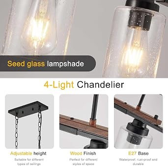Black Modern Ceiling Lights,E27 Farmhouse Ceiling Lights Living Room,60W Metal Glass Industrial Lamp Shades Ceiling for Kitchen Island Bedroom Dining Room Hallway,4 Light No Bulb [Energy Class F]