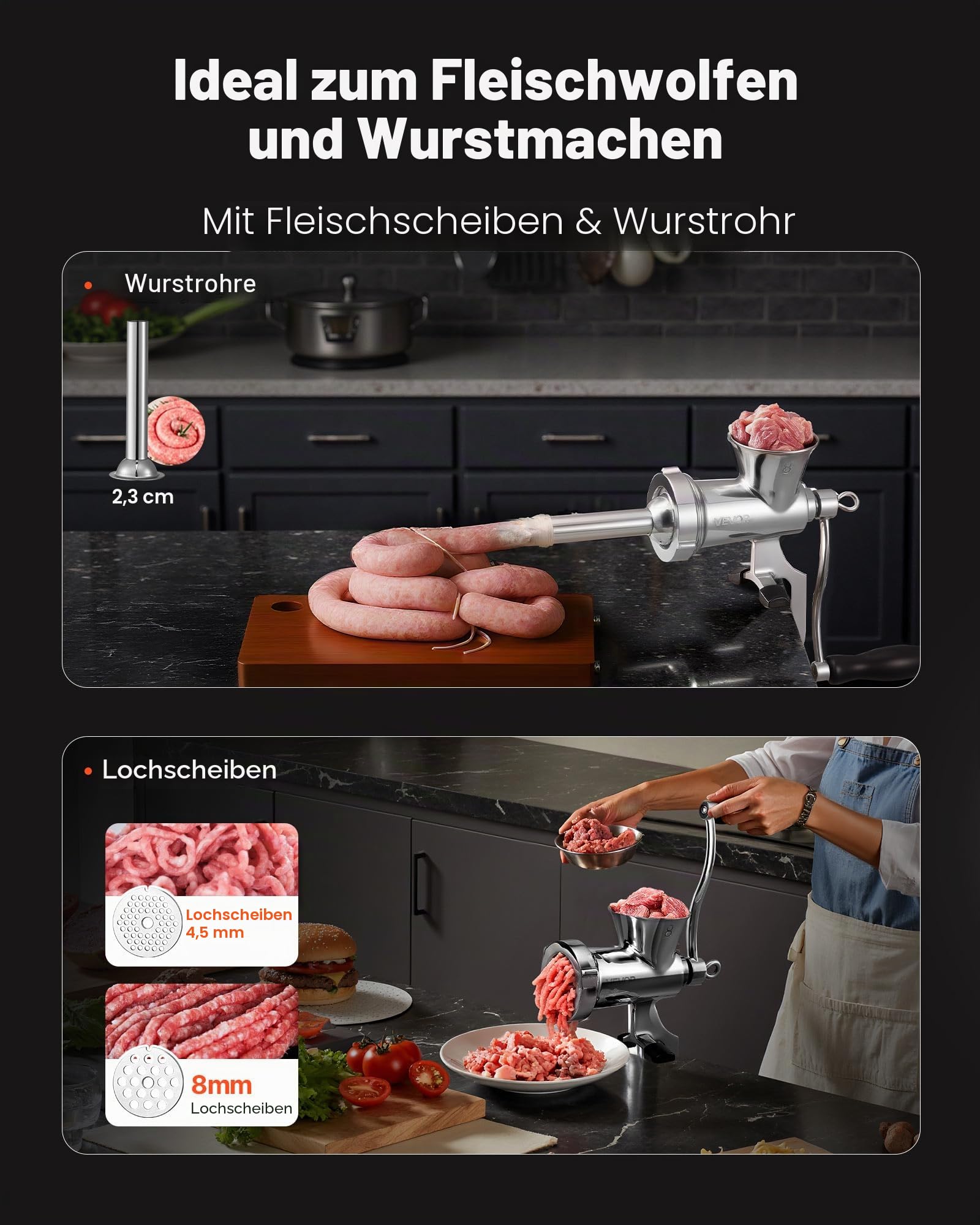 VEVOR manueller Fleischwolf mit Handkurbel, Wurstfüller aus Edelstahl 304 mit Tischklemme aus Stahl, Wurstfüller mit 2 Schneidplatten (4,5/8 mm) & Wurströhre, Lebensmittelwolf für Schweinefleisch