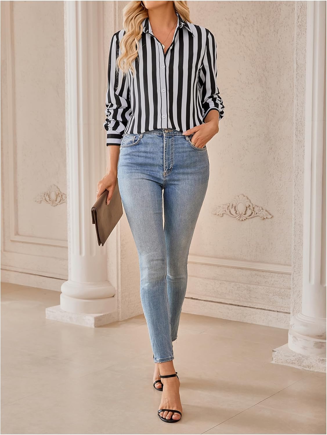 SweatyRocks Women's Long Sleeve Button Down Dressy Casual Collared Striped Blouse - Image 6