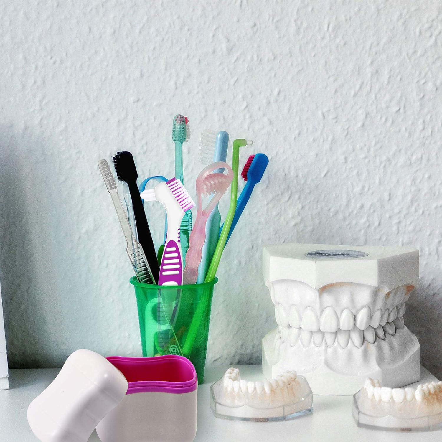 Denture Bath Case with Denture Cleaner Brush Denture Toothbrush, Denture Cup Denture Box Bath Denture Container with Basket Denture Holder Denture Brush Retainer for Travel Retainer Cleaning (Red) : Health & Household