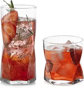 Libbey Rhombus Tumbler and Rocks Drinking Glasses Set of 16, Fun Geometric Glass Cups Set, Kitchen Glasses Set for Cocktails, Water, and Everyday Use