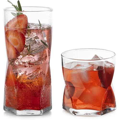 Libbey Rhombus Tumbler and Rocks Drinking Glasses Set of 16, Fun Geometric Glass Cups Set, Kitchen Glasses Set for Cocktails, Water, and Everyday Use