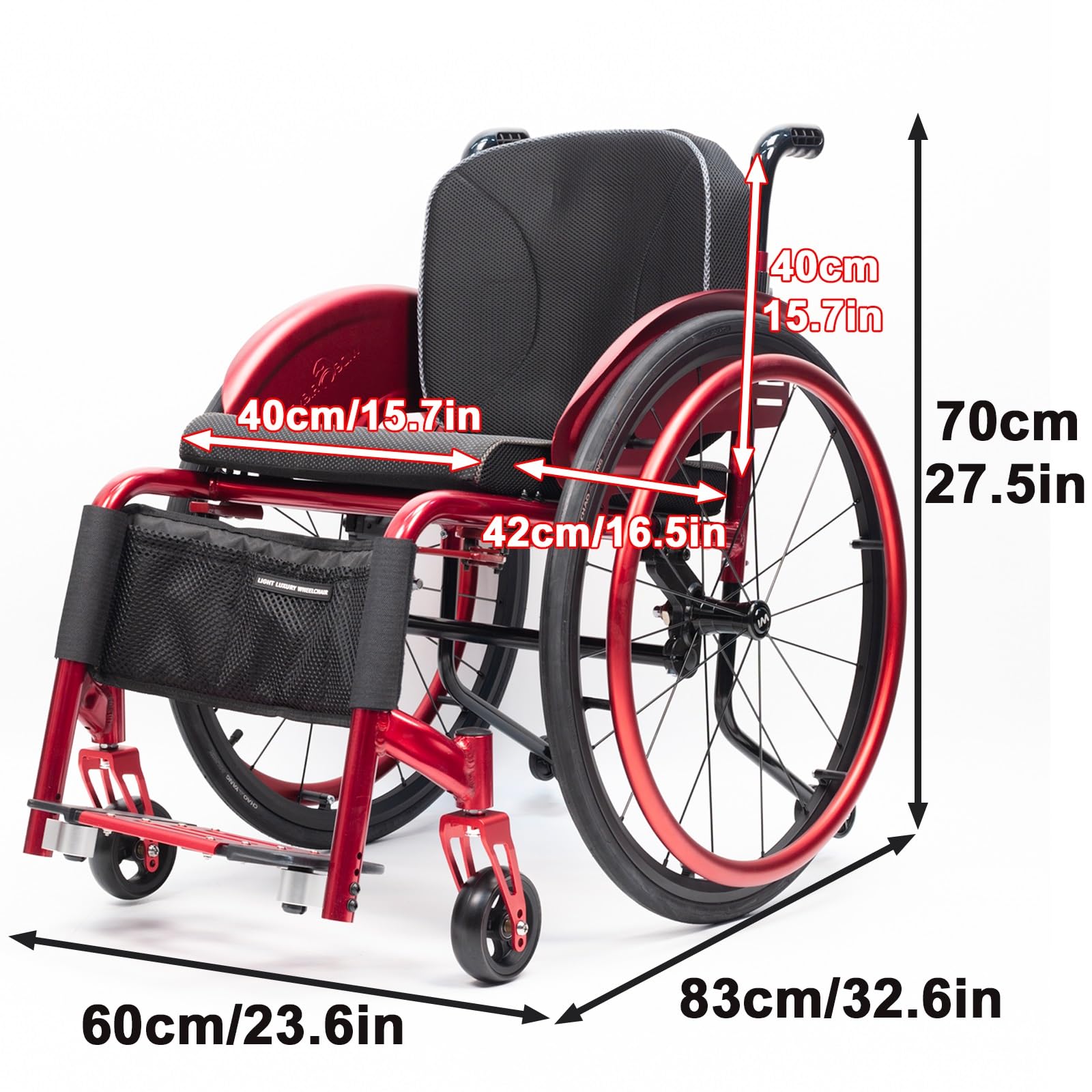 Lekki, nieskładany sportowy wózek inwalidzki ze stopu aluminium, wyposażony w podnóżki i poduszkę do siedzenia (szerokość siedziska: 40 cm)