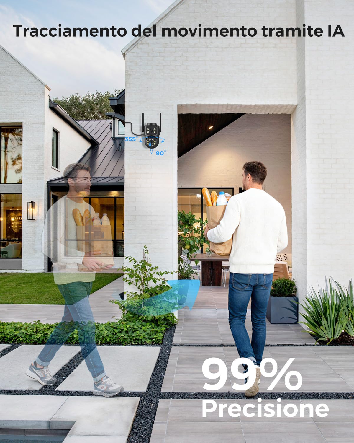 Reobiux 2K Telecamera Wi-Fi Esterno con Doppia Lente, 360° PTZ 2,4/5GHz Videocamera Sorveglianza Esterno, Colori Visione Notturna, Tracciamento Automatico del Movimento, Registrazione 24/7, IP66