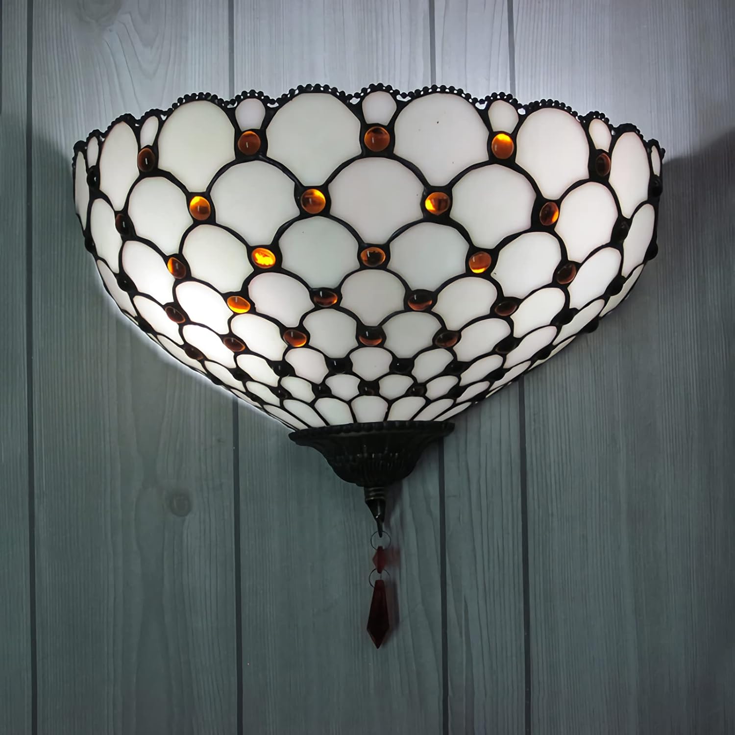 Tiffany Style Wall Sconce, 12" Width Stained Glass Wall Lamp,E26 Bulb, Vintage Crystal Night Light for Living Room Bedroom Bathroom Hallway Bedside Lamp, 30X18cm,White