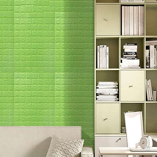 Miniatura 2 de Panel de pared 3D verde piedra sintética, 10 piezas de ladrillo de espuma impermeable autoadhesivo, calcomanías de pared 3D despegar y pegar, papel