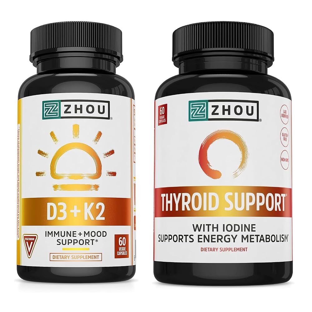 Zhou D3 + K2 & Thyroid Support - Vitamin D3 K2 Supplement for Women & Men with 5000 IU of Vit D & MK-7, Thyroid Supplement with Zinc, Iodine & Selenium, Metabolic Health - 60 Capsules Each (120 Total)