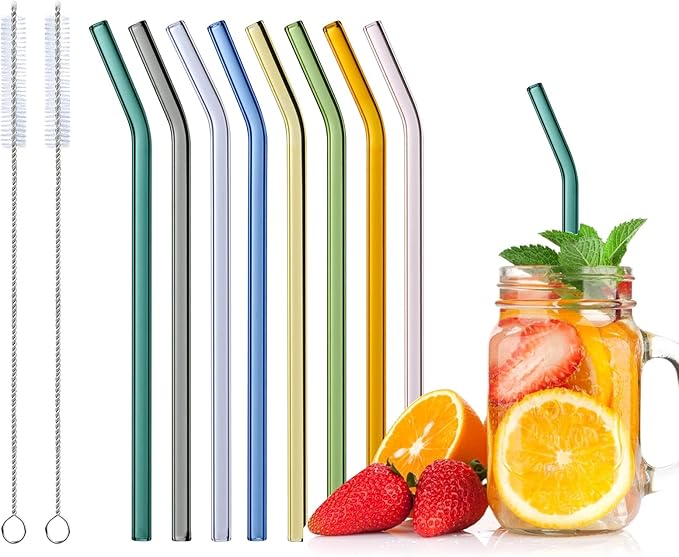 Glass Straws Reusable, 8 Pcs Multicolour Drinking Straw, Bent Glass Drinking Straws with 2