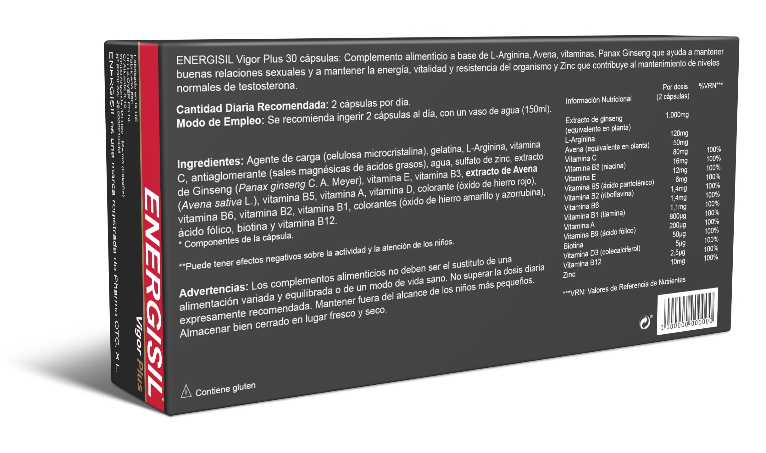 Energisil Vigor Plus 30 Cápsulas - Pack de 3 Unidades - Tratamiento para 1 Mes y Medio - con Ginseng, L-Arginina, Vitaminas y Zinc – Ayuda a Mantener la Vitalidad y al Rendimiento Sexual Masculino