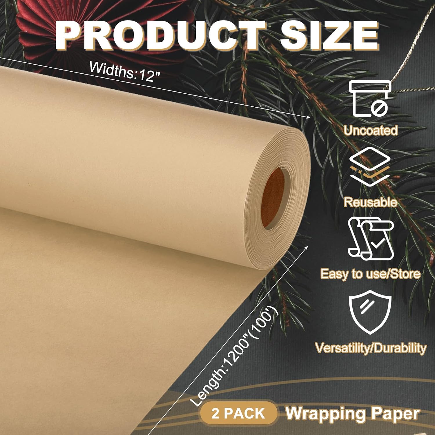 PATIKIL Wrapping Paper, 2 Pack 12"x1200"(100') Bulletin Board Paper Roll Kraft Paper Roll Construction 80GSM for Shipping Packing Gift Wrapping Craft Flower Bouquet Christmas, Brown