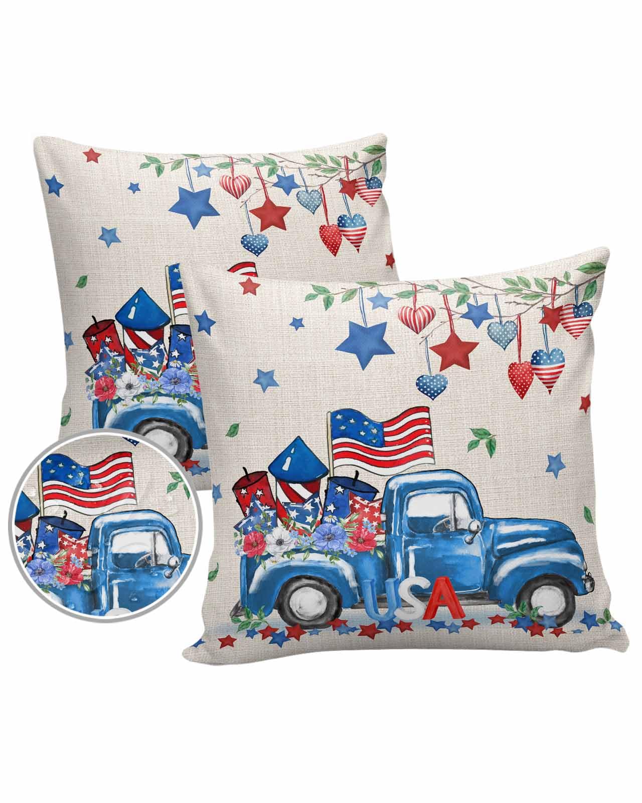 Boanket Outdoor Pillow Covers 20 x 20 In, Blue 4th of July Waterproof Throw Pillow Cover Set of 2, Spring Floral Red Love Heart Star Rustic Home Decorative Square Cushion Covers for Patio/Couch/Garden