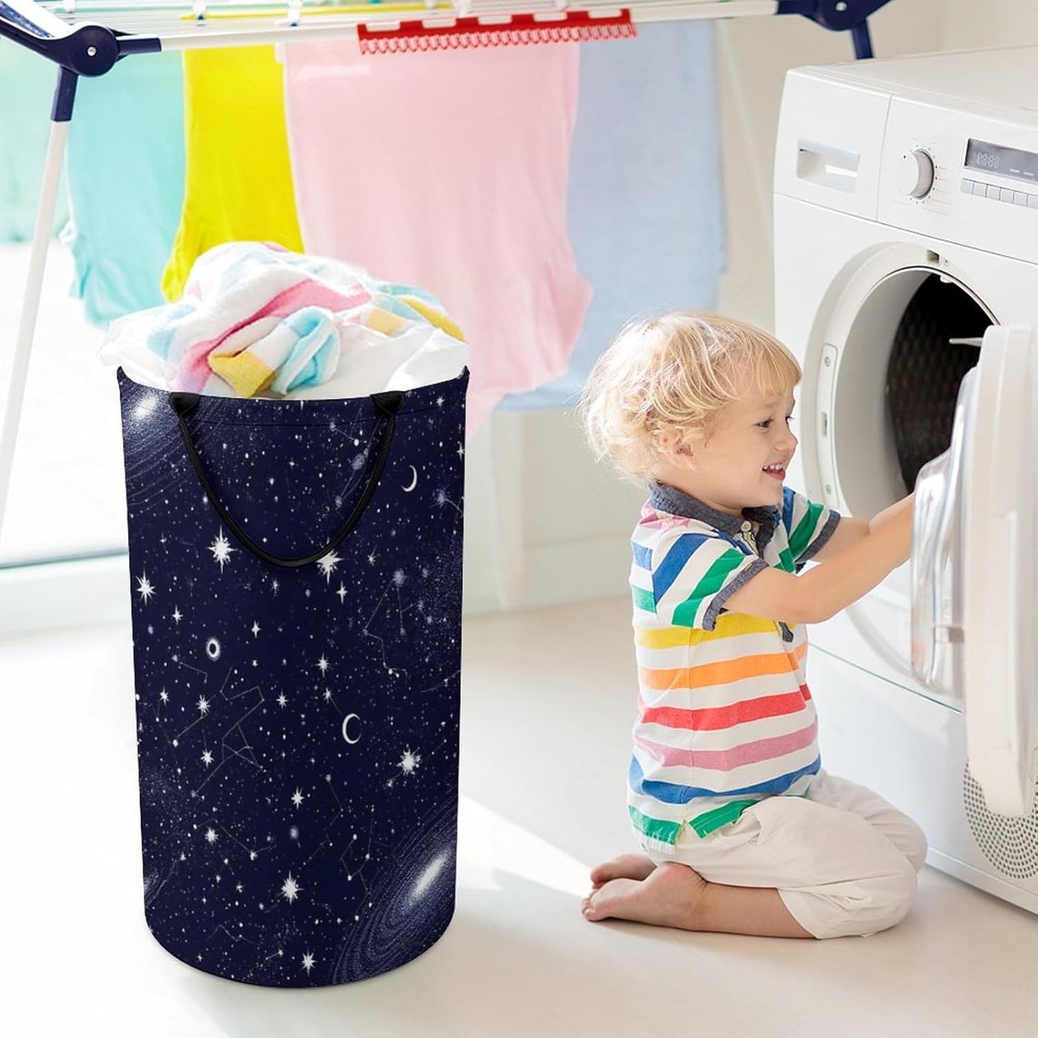 Large Laundry Basket Freestanding Hamper Fashion Tall Clothes Hamper Zodiac Constellation Galaxy Starry Night Stars Glow In The Dark Midnight