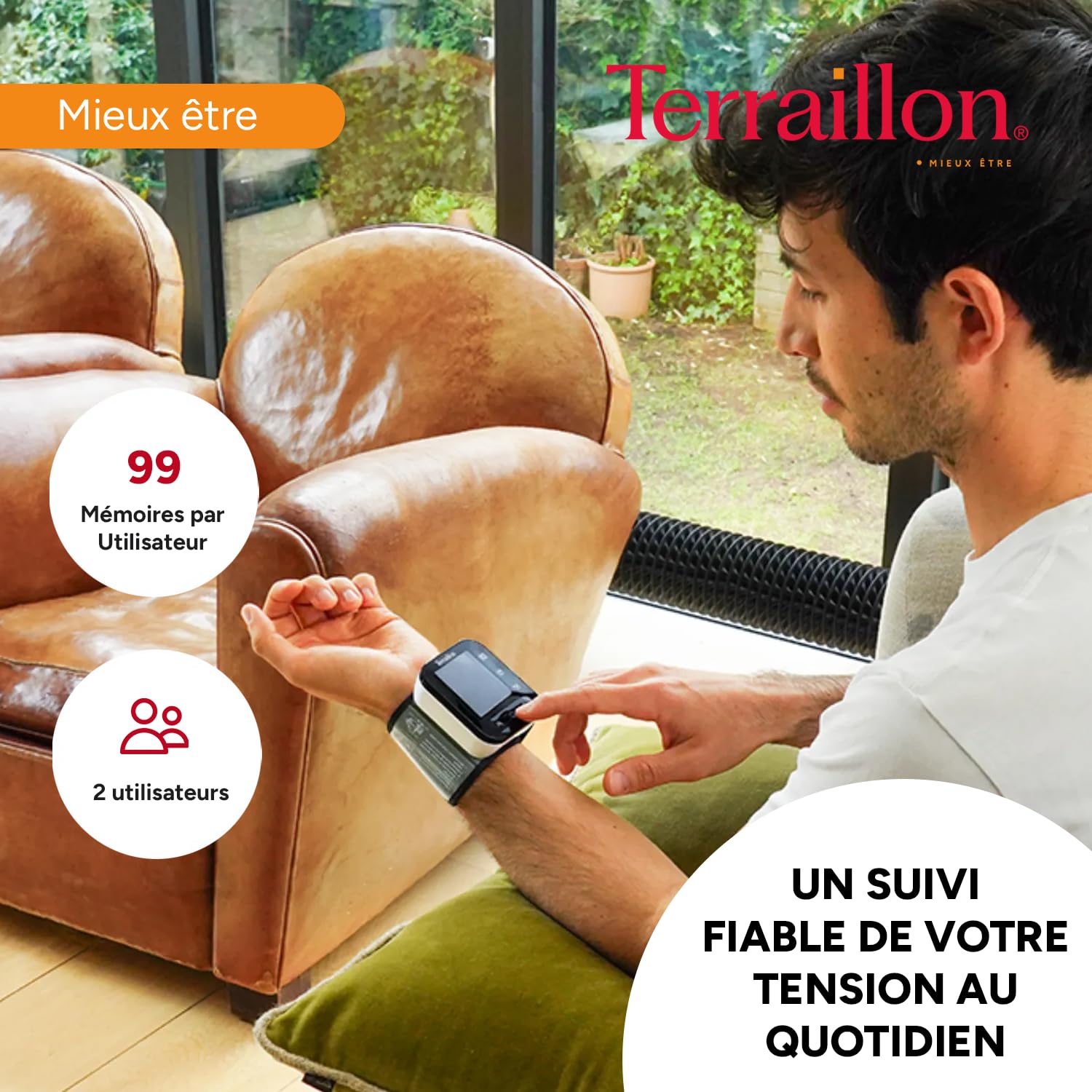 TERRAILLON Tensiometre Poignet compact, Classe IIA TENSIO POIGNET TP251 | Ecran LED, Tension Artérielle, Rythme Cardiaque, Indicateurs couleur, 2 profils, 99 Mémoires, Dim. brassard 13,5-19cm, USB-C