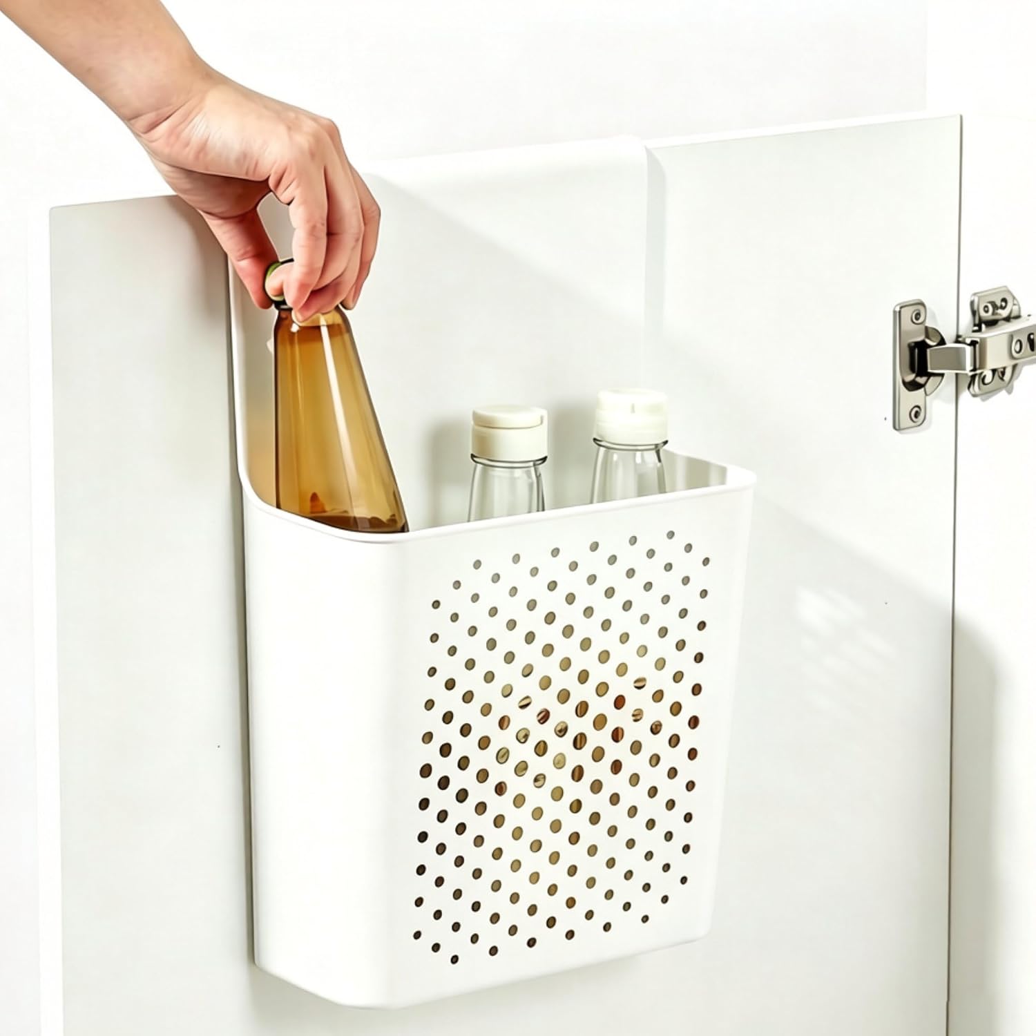 Over The Door Organizer Wall Mount Hanging Storage Basket, White Plastic Cabinet Hanging Bin, Space Saving Spice Rack for Kitchen Pantry Bathroom Laundry, No Drill Hooks (White, 14"x3.6"x9.5")