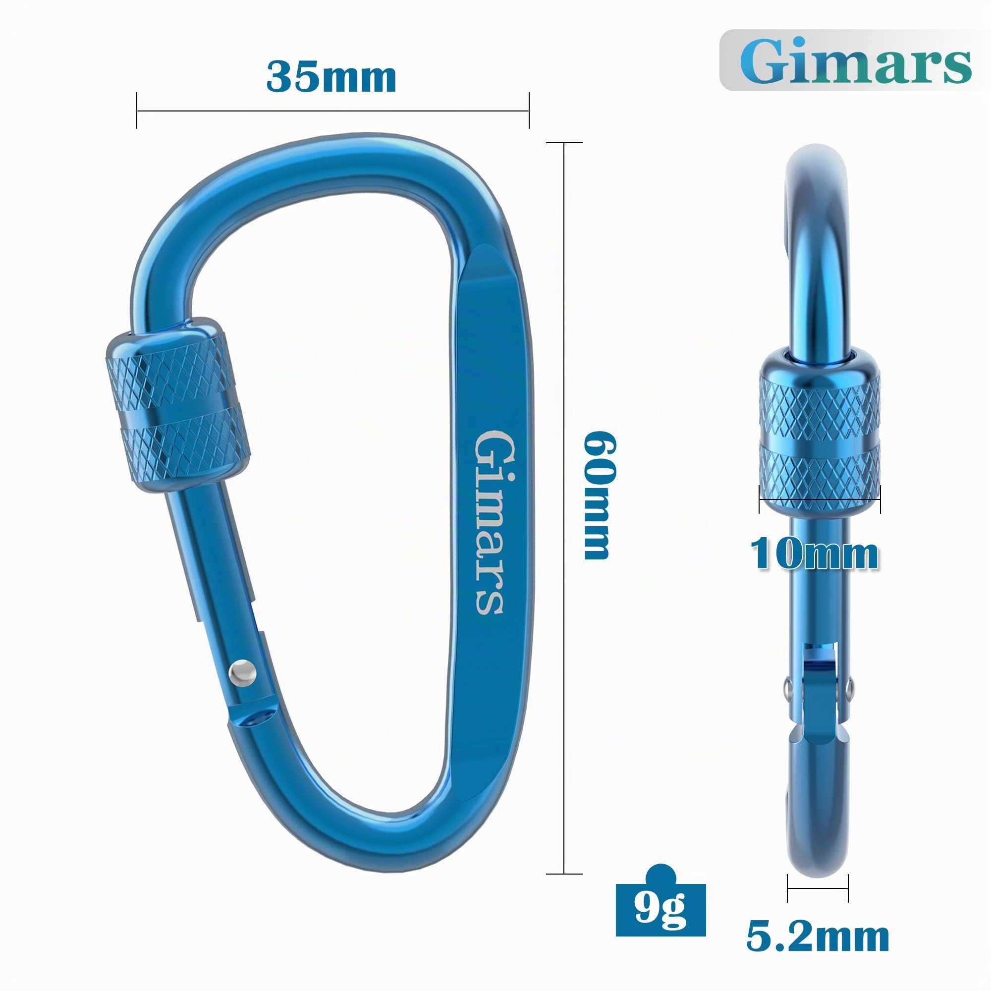 Gimars Juego de 10 Mosquetones D Aluminio con Tuerca 6*6*3.3 cm, Cierre de Mosquetón con Resorte para Camping, Senderismo, Gimnasio, Pesca y Mochilero Herramienta Resistente y Ligera al Aire Libre