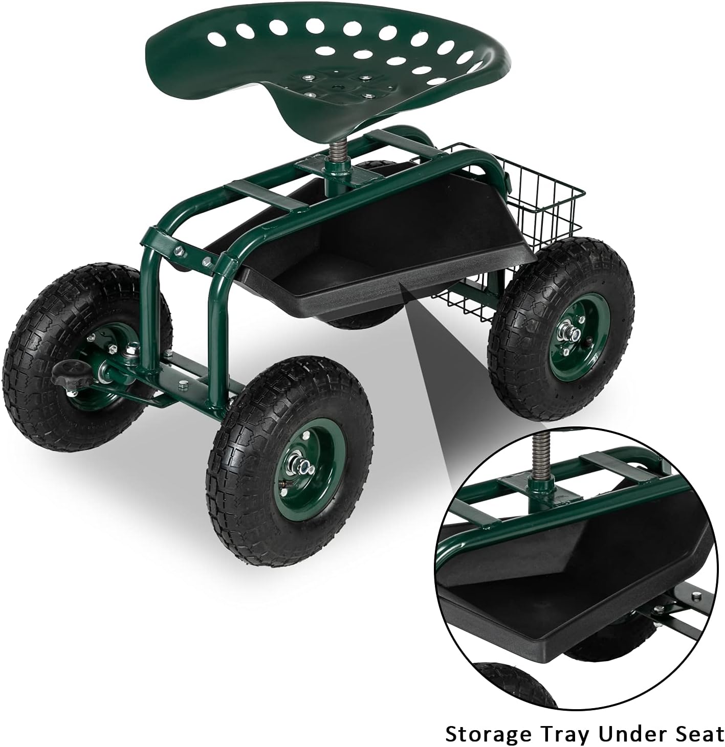 Garden Cart Rolling Stool with Wheels, Seat, and Tool Tray for Weeding Planting or Lawn Care Rolling Gardening Chair Cart