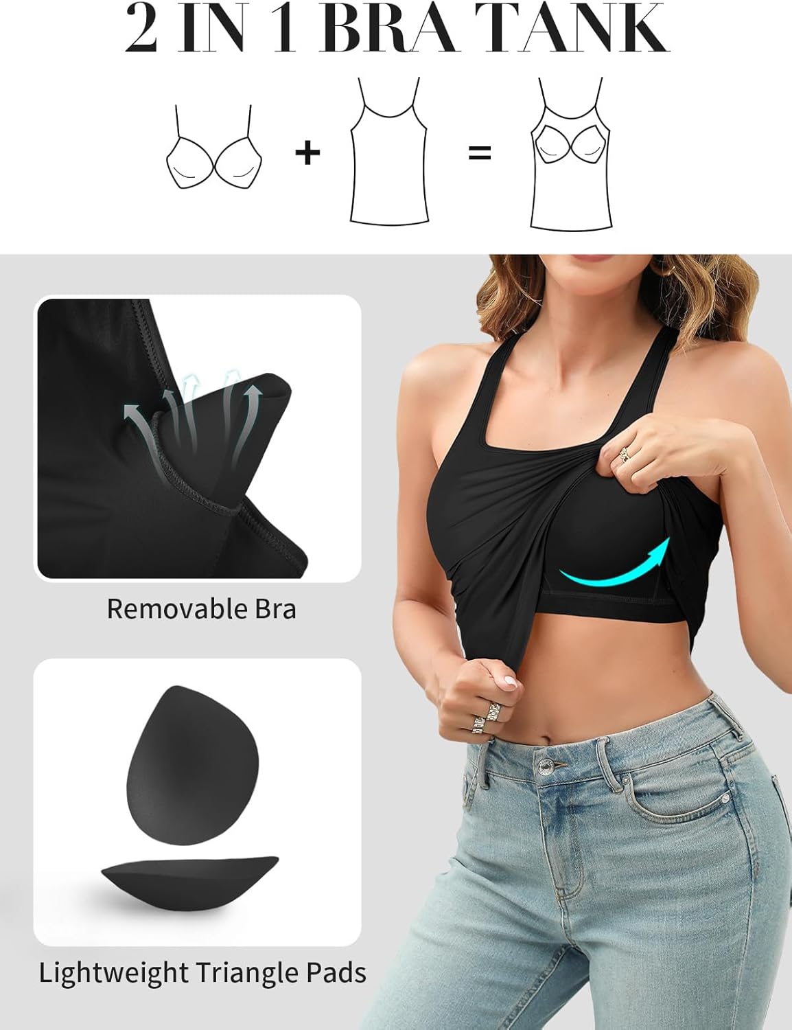 V FOR CITY Women's Tank Top with Built in Bras Adjustable Wide Strap Padded Camisole Summer Cami Shirts - Image 3