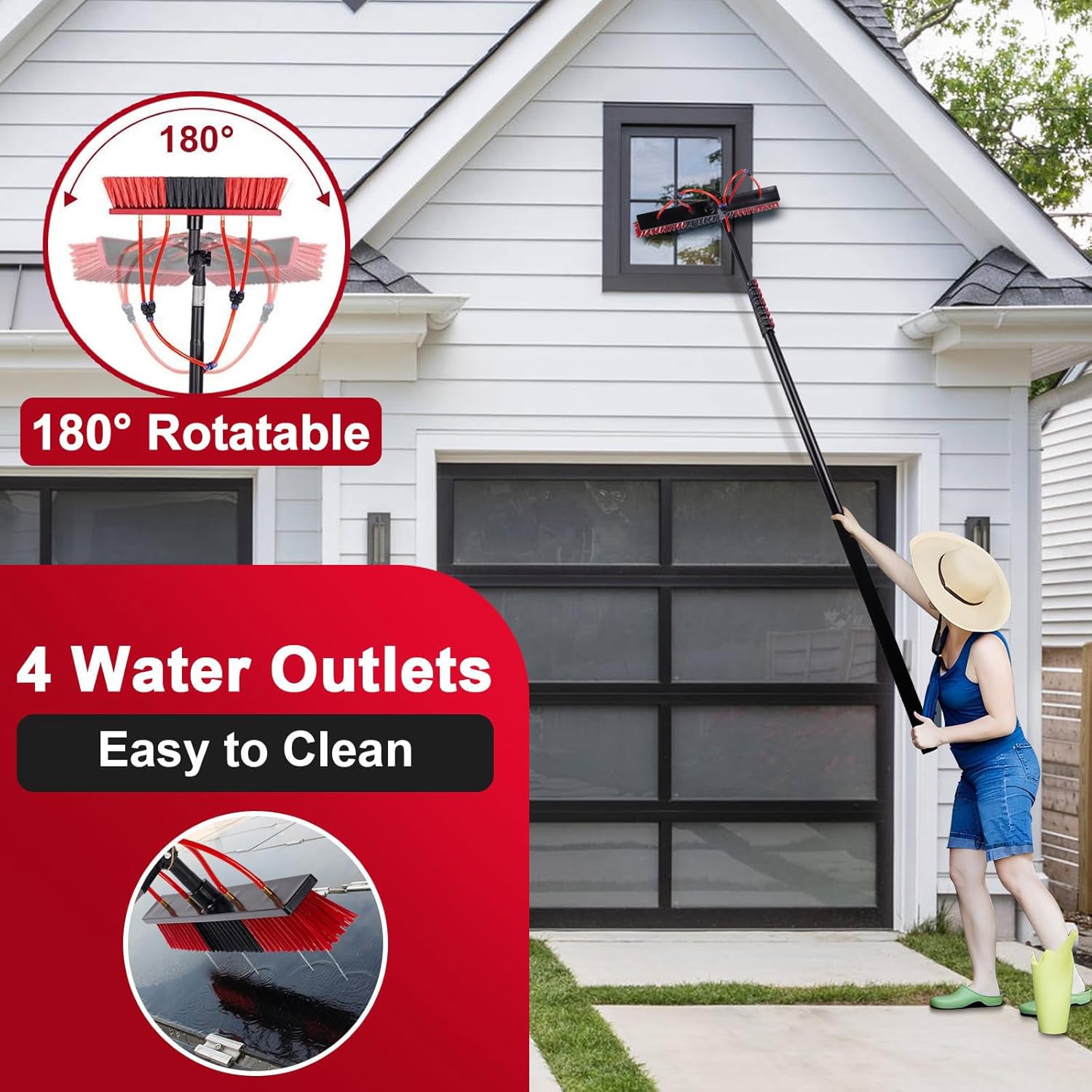 10m Telescopic Washing Brush with Carbon Fiber Extendable Pole for Windows Patios Roofs & Solar Panels - Includes 55cm Brush Squeegee Soap Dispenser for Effortless Cleaning