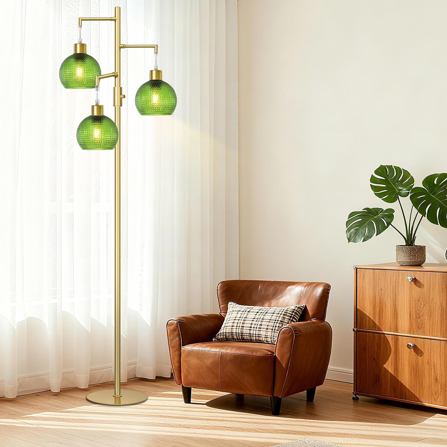 Modern Floor Lamp with Shade, Dimmable Standing Lamp for Living Room, 3 Lights Tree Lamp with Green Glass Shade, Tall Lamps for Bedroom with 3 x 600LM Bulb