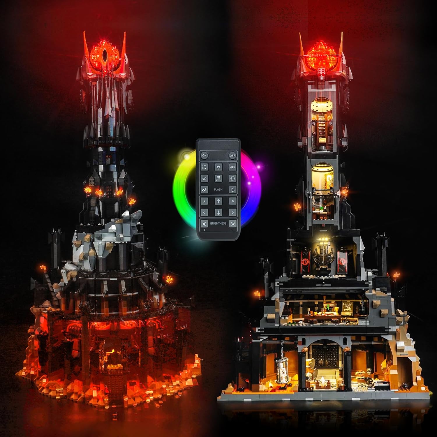 Lego Barad-dûr model illuminated with the RC light kit, showing the remote control for various lighting options.