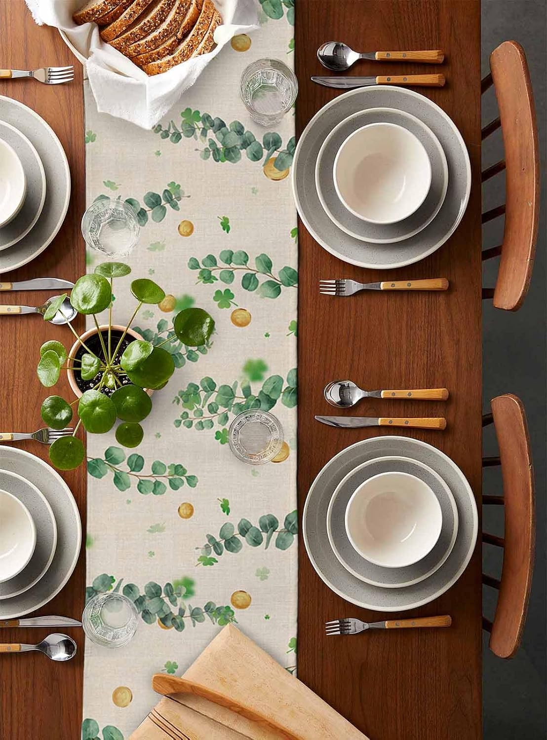 Lucky Shamrock Clover Cotton Table Runner, St. Patrick's Day Retro Green Truck Shamrocks Eucalyptus Leaves Tablecloth Irish Spring Gold Coins Grass Green Eucalyptus Leaves Table Runner 13 x 90 Inch
