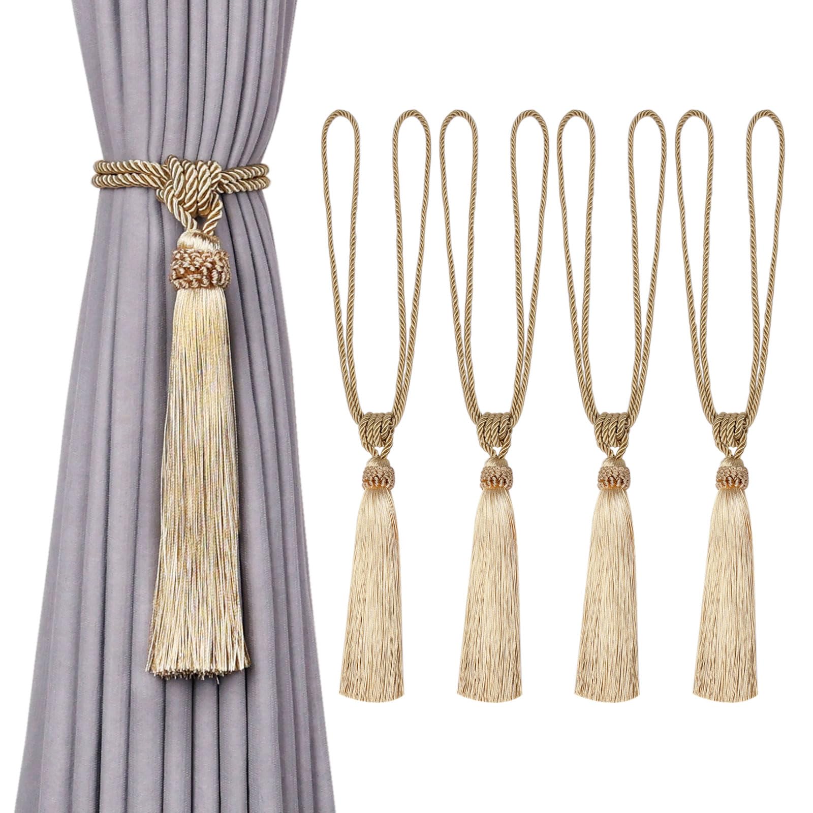 Pretty Jolly 4 Pack Long Tassel Curtain Tiebacks European Style Decorative Drape Tie Backs Elegant Handmade Braided Rope Knot Curtain Holdbacks for Home & Office Window Drapery (Gold)