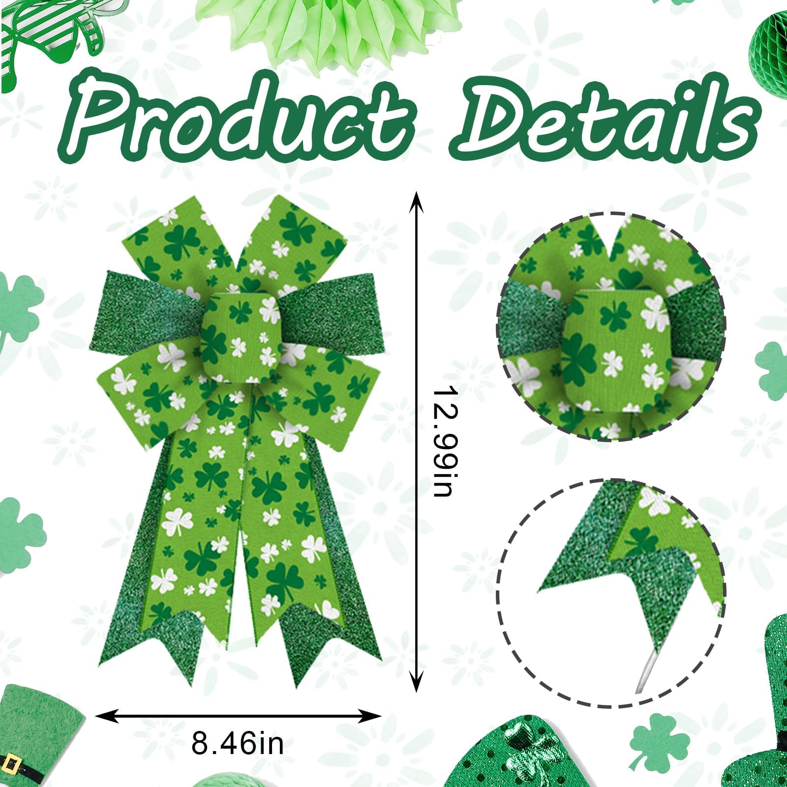 Estivaux 2 PCS St. Patrick's Day Bows for Wreath, Irish Shamrock Wreath Bows Glitter Green Burlap Bows Clovers Leaves Craft Bows for Front Door Saint Patrick's Day Decorations Carnival Party Favor