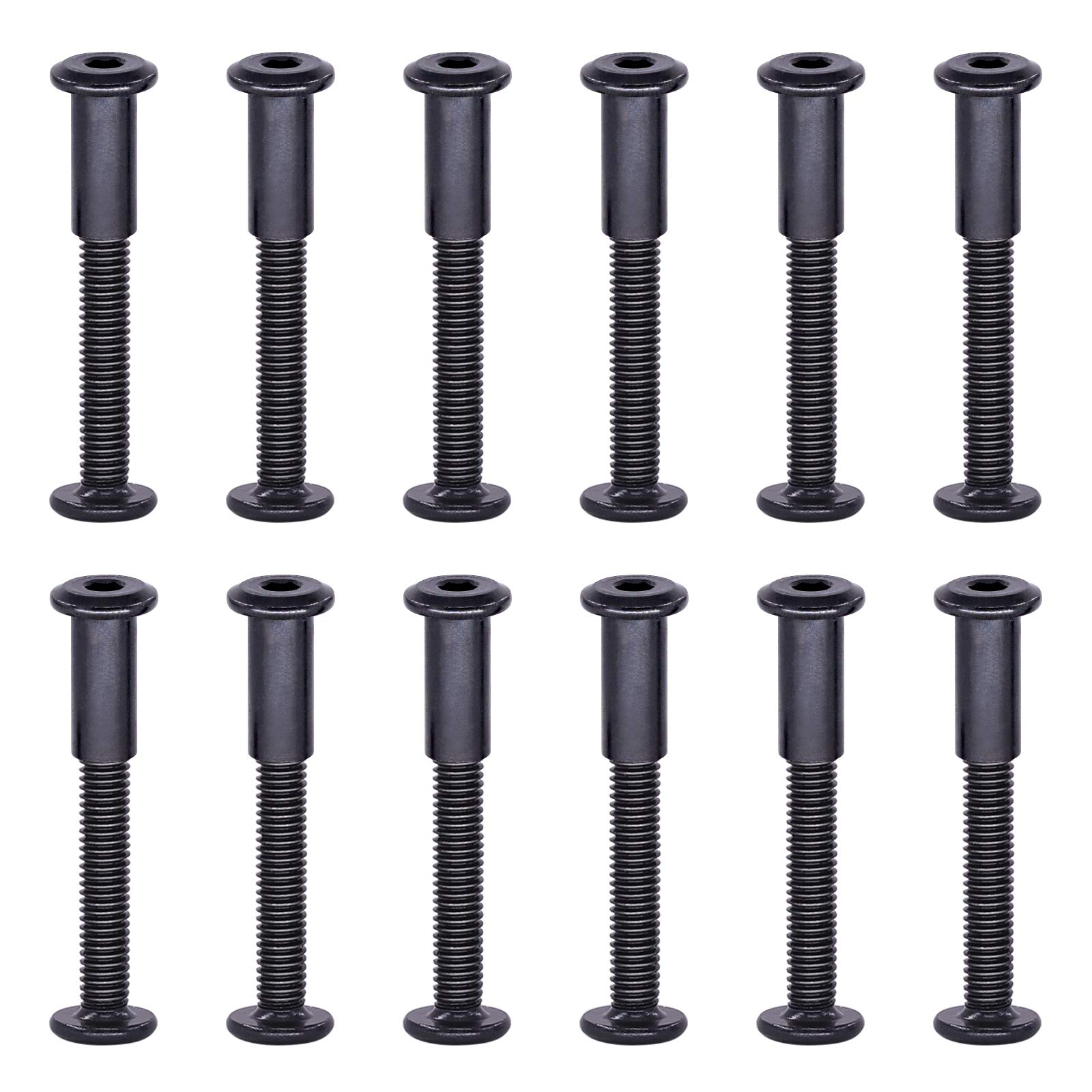 Swpeet 25Pcs M6x50mm Carbon Steel Black Hex Drive Socket Cap Bolts Barrel Nuts Assortment Kit with 1Pcs Allen Wrench, Screw Post Fit for Furniture Countsunk Belt Buckle Leather Binding Bolts