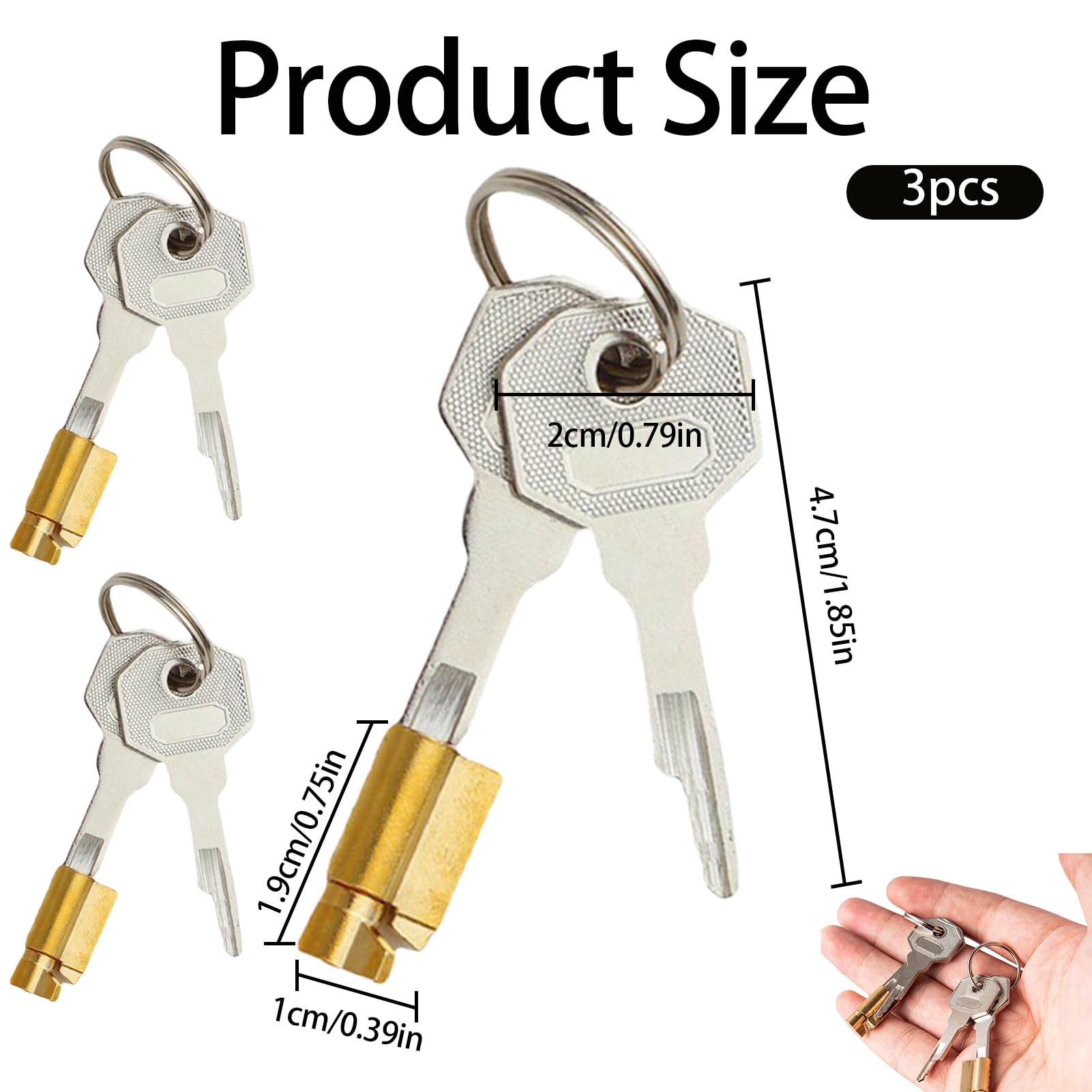 Set 3 Serrature A Buco Con Chiave In Ottone - Per Porte, Armadi E Cassetti