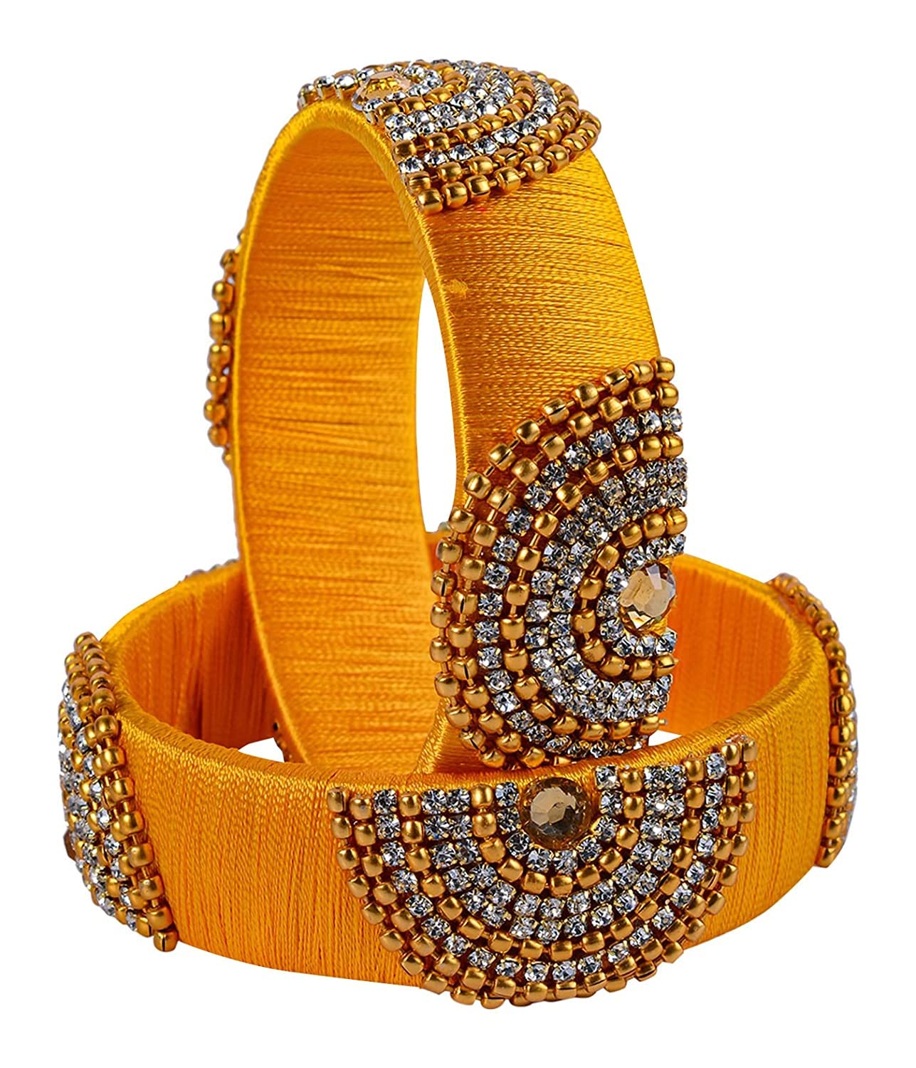 IJYA Sihan Handicrafts Zircon Work Silk Thread Bangle Kada For Women Girls 2 PC Set Wedding & Festive Occasion Yellow Color