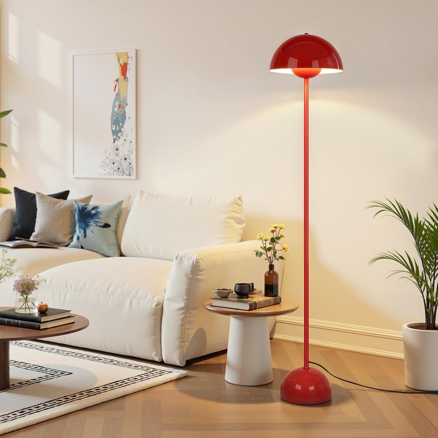Coucrek Red Floor Lamp for Living Room, 66'' Tall Industrial Standing Lamp with Unique Reflecting Shade, Mid Century Modern Ambient Light for Bedroom Office Corner