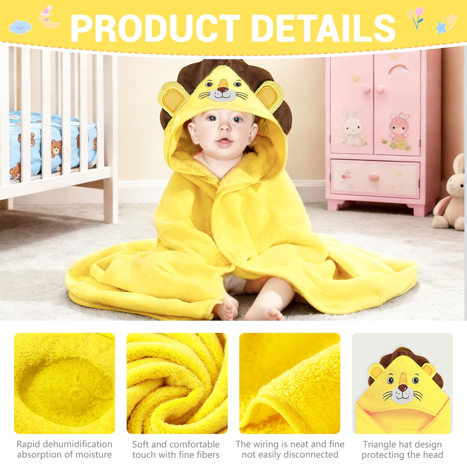 2 toallas de bebé con capucha, 80 x 80 cm, toalla con capucha para bebés, bonita forma de animal, oso blanco y león amarillo, para baño de bebé, unisex