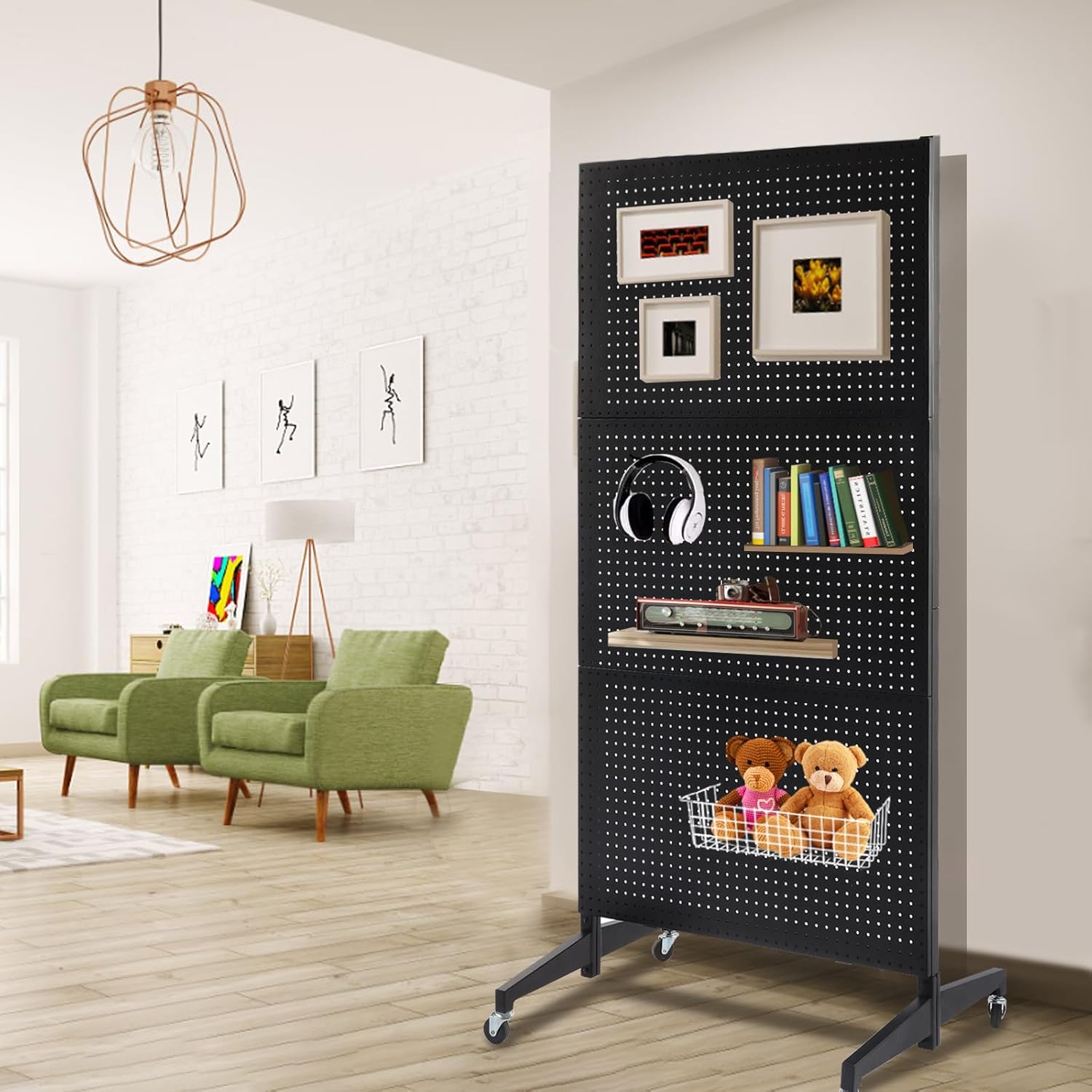 3'x 6' Black Pegboard Panels Display Stand with T-Base, Metal Peg Board Organizer Panels Display Rack With Wheel, Craft Fair Display Rack, Art Display Stand, Retail Display, Extra 20 pieces Hooks