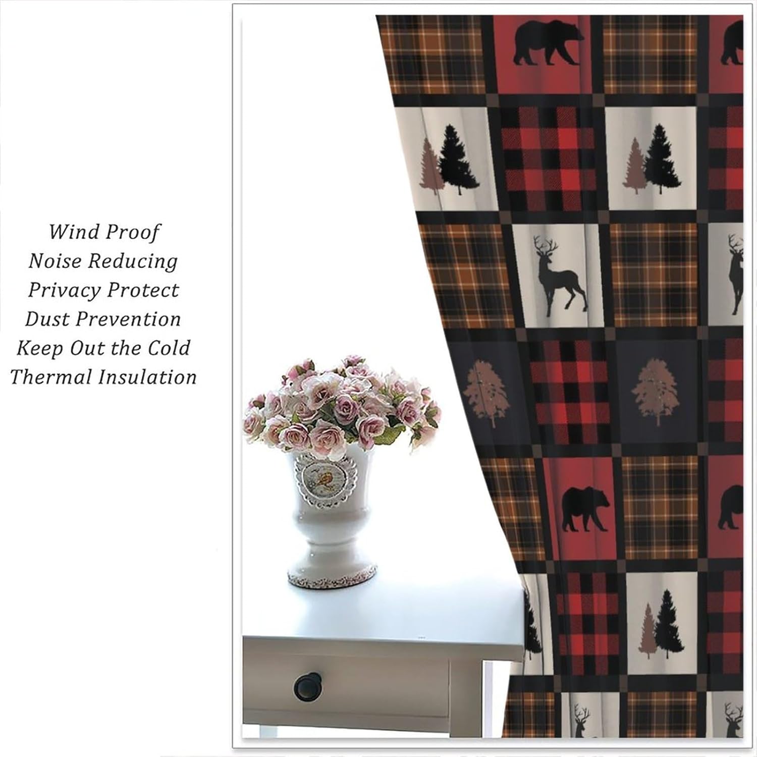 Cabin Retro Curtains Rustic Lodge Window Treatments, Bear Deer Moose Wild Animals Curtains for Living Room, Plaid Check Adventure Farmhouse Drapes 2 Panel Sets,42x63 Inch