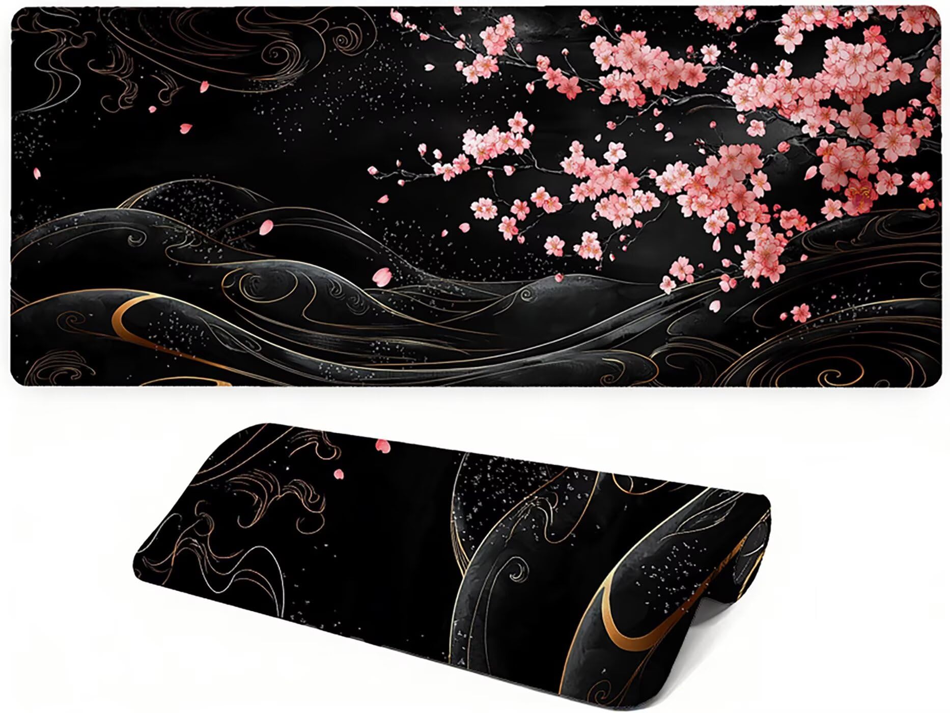 Lpfieonn Kirschblüten Großes Schreibtischunterlage, XXL Schreibtischunterlagen, Schwarz XXL Wasserdicht Gaming Mousepad mit Vernähter Rand und Rutschfeste Gummibasis, für Hause/Büro 120x60cm PF-1769