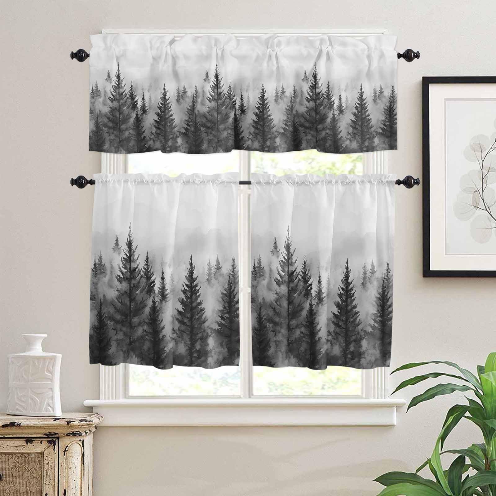 Retro Mist Forest Kitchen Curtains 24 Inch Length,3 Piece Rod Pocket Small Half Tiers and Valance Set,Watercolor Mountains Nature Landscape Small Large Window Treatment Decor for Bedroom/Bathroom