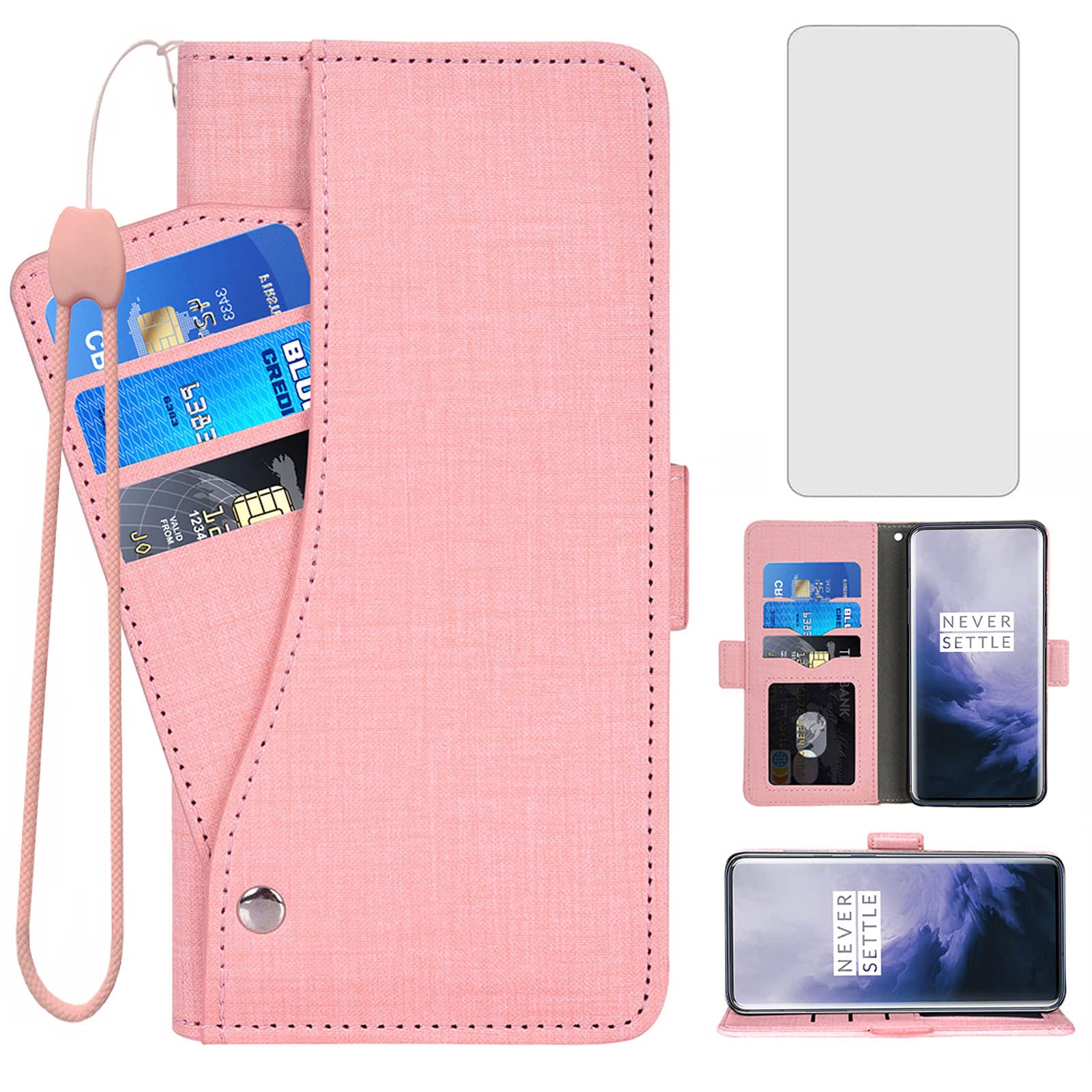 Asuwish Custodia A Portafoglio Per OnePlus 7 Pro – Con Carta Di Credito, Cinghia E Pellicola Inclusa – Rosa