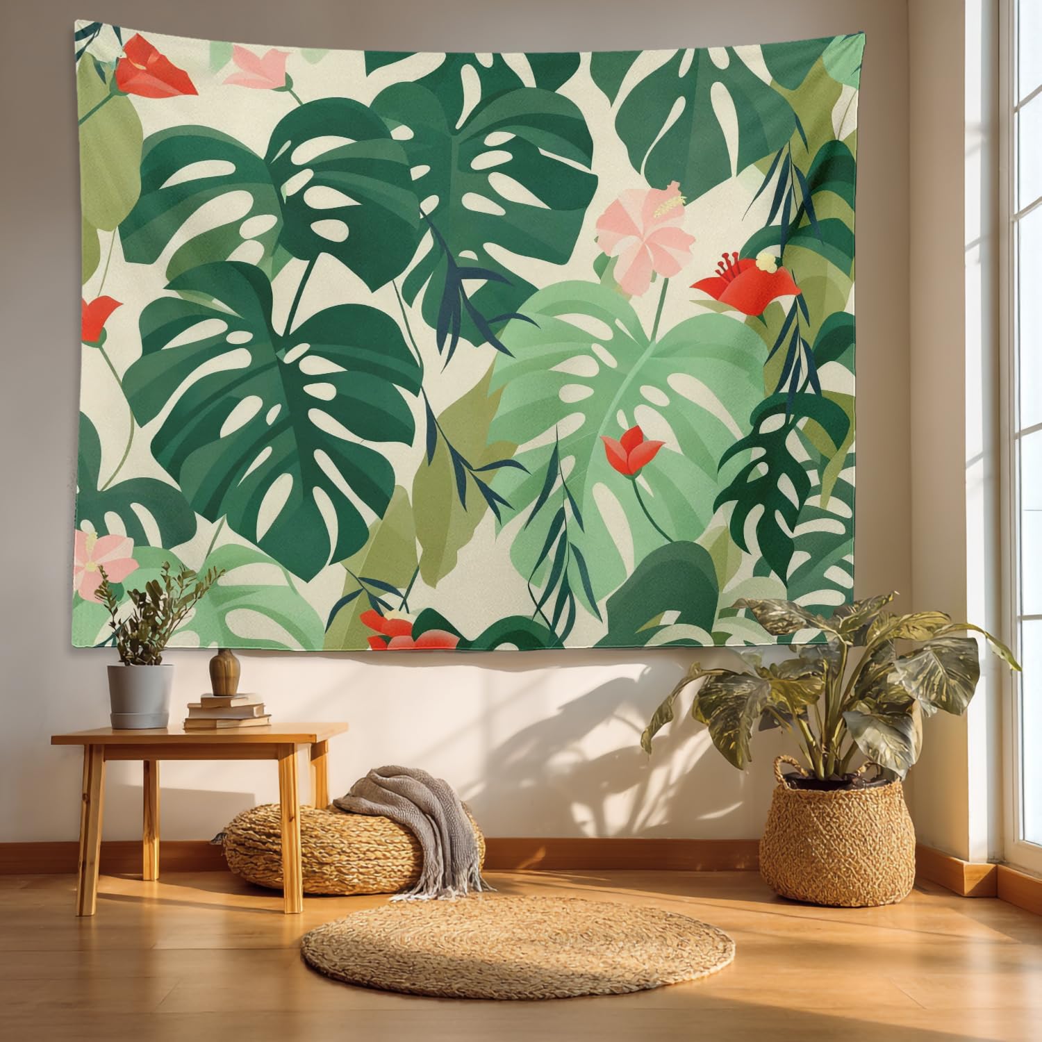 Tenture tropicale feuilles bananier hibiscus rose grand format décoration murale de chambre