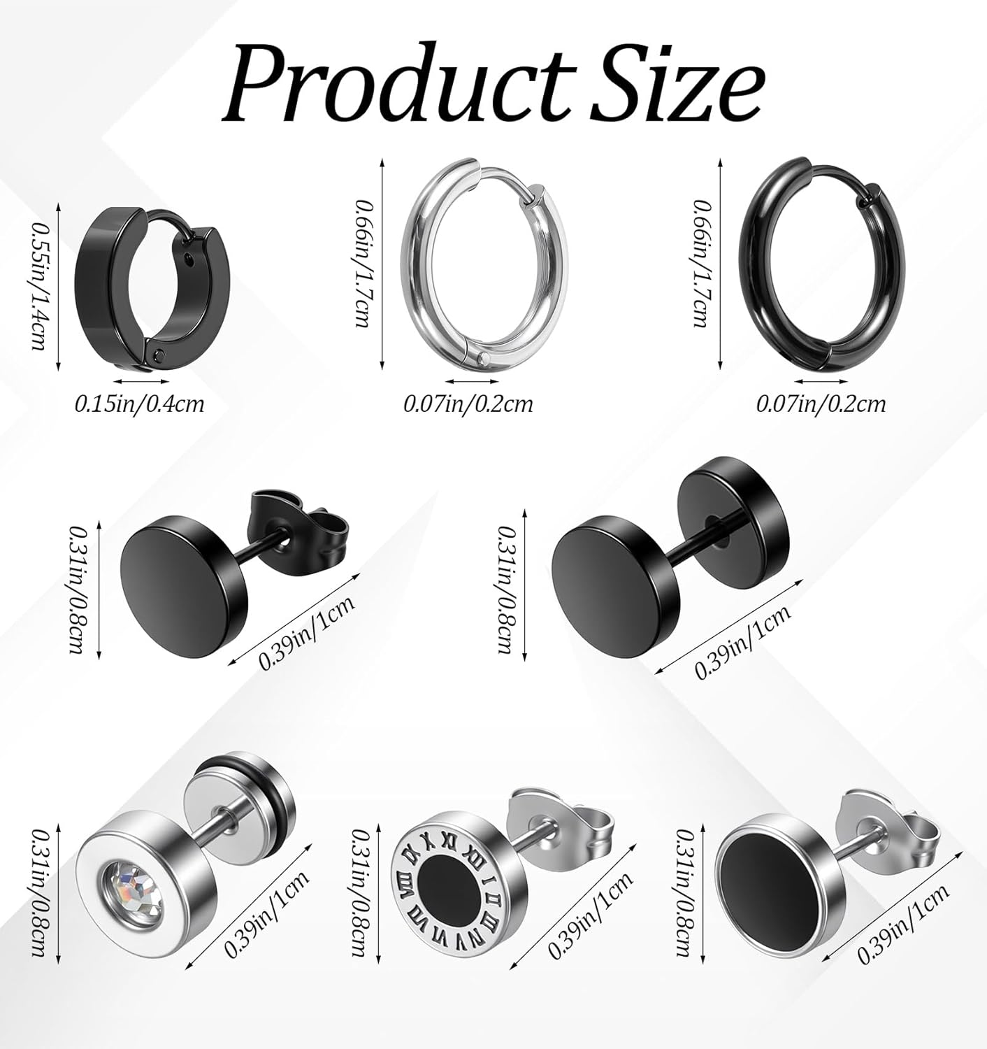 8 Pairs Black Hoop Earrings Men, Stainless Steel Men's Hoop Earrings, Unisex Earring for Daily Wear (Black & Silver) - Image 2
