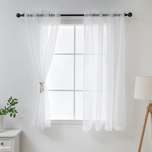 Demetex Cortinas traslúcidas blancas de 45 pulgadas de largo, paneles de ventana para dormitorio, cortinas cortas pequeñas para cocina, juego de 2,