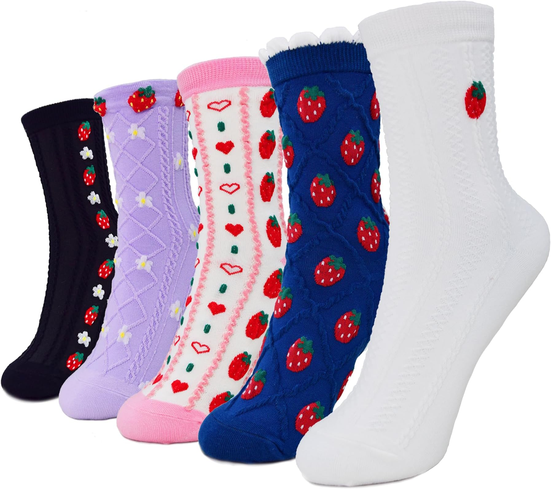 Popuid 6 Pairs Womens Cute Crew Socks, Novelty Cotton Frilly Floral Textured Socks for Women & Teens