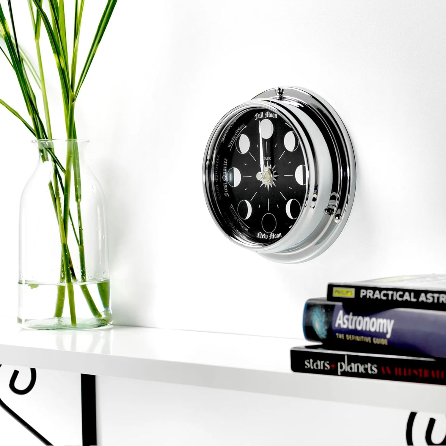 Handmade Prestige Chrome Moon Phase Clock - Elegant Full Moon Wall Clock with Jet Black Dial, Stunning Look with Mirrored Backdrop and Chrome Hands, Perfect Decorations and Gift