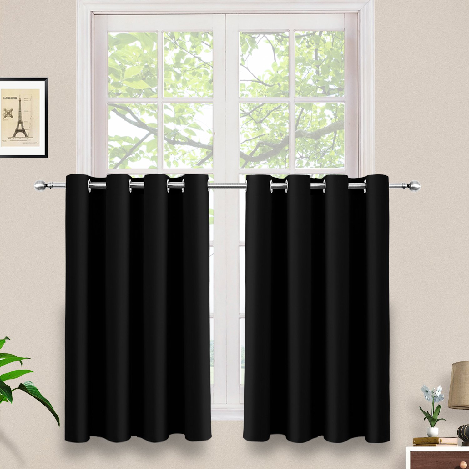 Bedroom Window Tier Curtain - Triple Weaved Durable Short Blackout Drape with Eyelet Top for Basement Small Window, 52 Inches Wide by 36 Inches Long, Black, 1 Pack