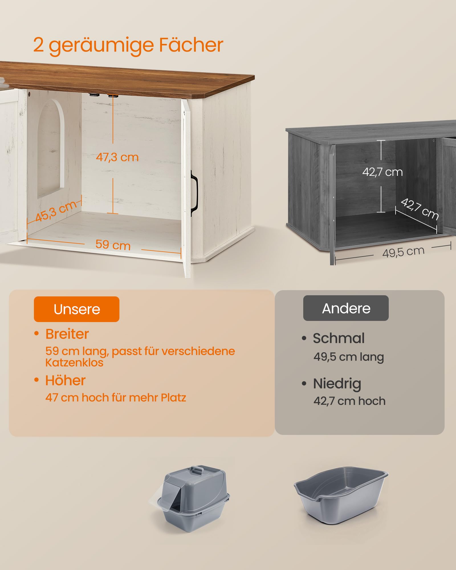 Feandrea Katzenklo-Schrank, Moderne Katzentoilette, Katzenhaus, Vordereingang, Beistelltisch, TV-Schrank, 145,6 x 48,5 x 50 cm, honigbraun-vintageweiß PCL010K01